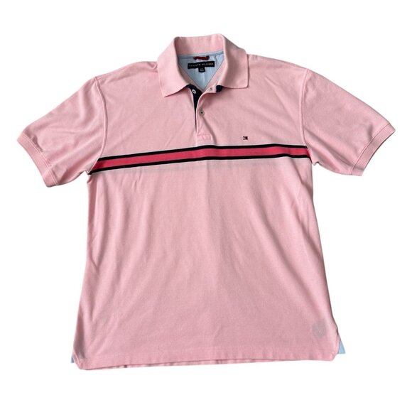 Tommy Hilfiger Waffle Knit Striped Golf Polo Shirt in Light Pink MENS Size LG - Picture 2 of 7